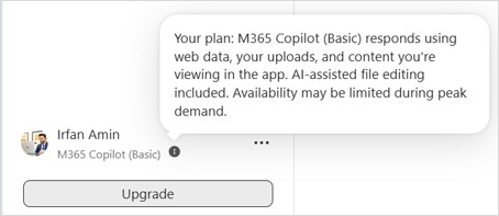 Microsoft 365 Copilot Basic shown under your name in the app