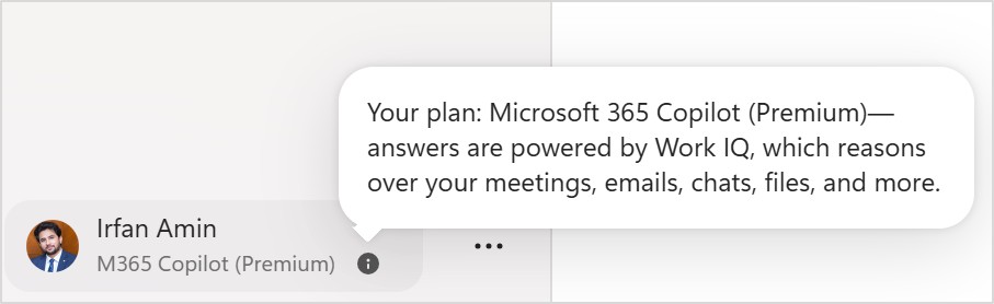 Microsoft 365 Copilot Premium shown under your name in the app